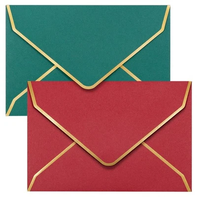 Pacote com 100 envelopes de convite com borda de folha de ouro 4x6 A4 vermelho verde Natal - Imagem 1 de 4