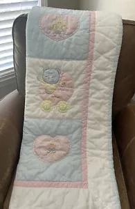 House Of Hatten Teddy Bear Crib Quilt 35 x 46” Pastel Vintage Blanket Pink Blue - Picture 1 of 24