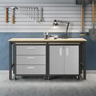 Pemberly Row 3-Piece Modern Metal Worktable & Garage Cabinet Set In Gray