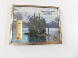 PADDOCK SEED HOUSE MOUNTAINS LAKE PICTURE THERMOMETER WORKS 40's OBERLIN KANSAS - Picture 1 of 5