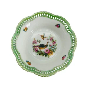 Piatto portagioie piccola ciotola Germania uccellini fiori verde bordo iridescente 5,5" trasversale - Foto 1 di 8