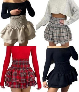 Mini falda rara con volantes lisos para mujer falda corta con estampado a cuadros de cintura alta - Imagen 1 de 5