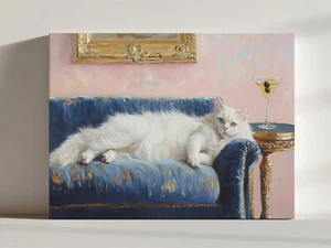 Long Haired White Cat On The Coach With Martini Canvas Print, Whimsical Fine Art - Picture 1 of 7