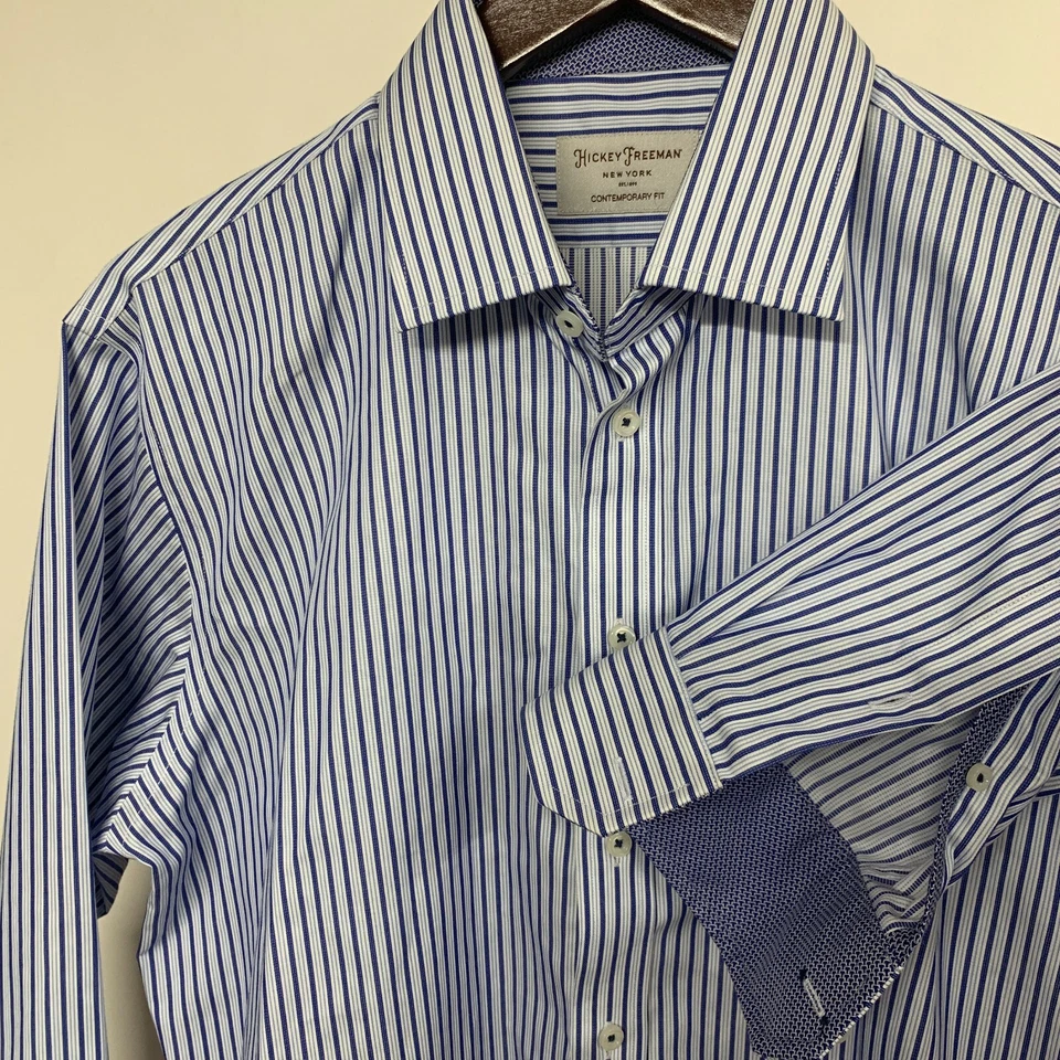 RECENT Hickey Freeman White Blue striped Button Down Dress Shirt mens 16 - 36/37 — 第 1/4 张图片