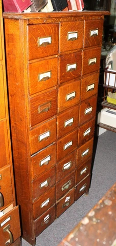 Old Antique Wooden OAK 24 Drawer POSTCARD Library Card FILE CABINET Brass Pulls Cover