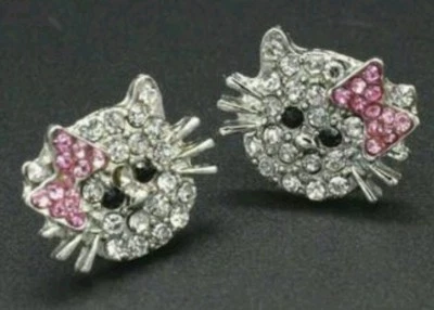 PENDIENTES HELLO KITTY LINDOS PLATEADOS ESTRÁS CON LAZO ROSA   Foto 1 de 3