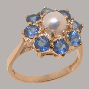Solid 9k Rose Gold Pearl & Sapphire Womens Cluster Ring - Sizes 4 to 12 - Picture 1 of 5