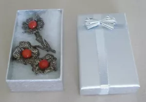 VINTAGE STERLING SILVER 925 CORAL AND MARCASITE BROOCH EARRINGS SET - Picture 1 of 12