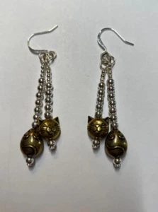 Silver Plated Two Tone Cat Mouse Dangle Pierced Earrings 2 1/2 inch - Picture 1 of 3