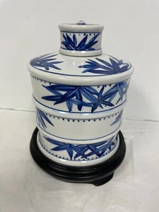 7.5" Old China Kangxi Marked Blue Wh. Porcelain Bamboo Tea Caddy Tank Pot w/Base - Picture 1 of 12