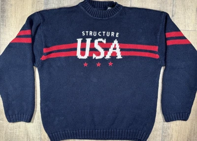 Vintage 90s Structure Stars Striped USA Spellout Knit Sweater Men’s Large VTG - Image 1 of 4