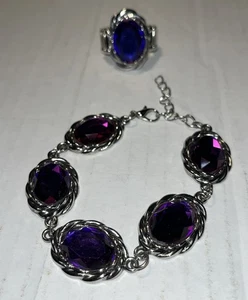 poparazzi jewelry Costume Purple Silver toneBracelet And Stretch Ring Preowned - Picture 1 of 10