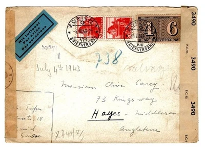 1943 Censored Cover ~ Switzerland to England - Image 1 of 2