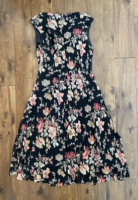 Vestido Midi Lauren Ralph Lauren De Colección 100% Seda Negro y Rosa Floral Cuello Redondo Talla 8 Foto 1 de 4