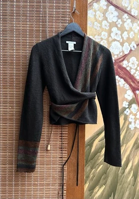 Sarah Pacini 包裹毛衣腰带开衫条纹羊驼美利奴羊毛均码  — 第 1/4 张图片