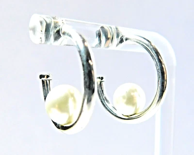 Authentic Pandora Earrings, Contemporary Pearl Hoops, #297528P, Sterling Silver - Image 1 of 4