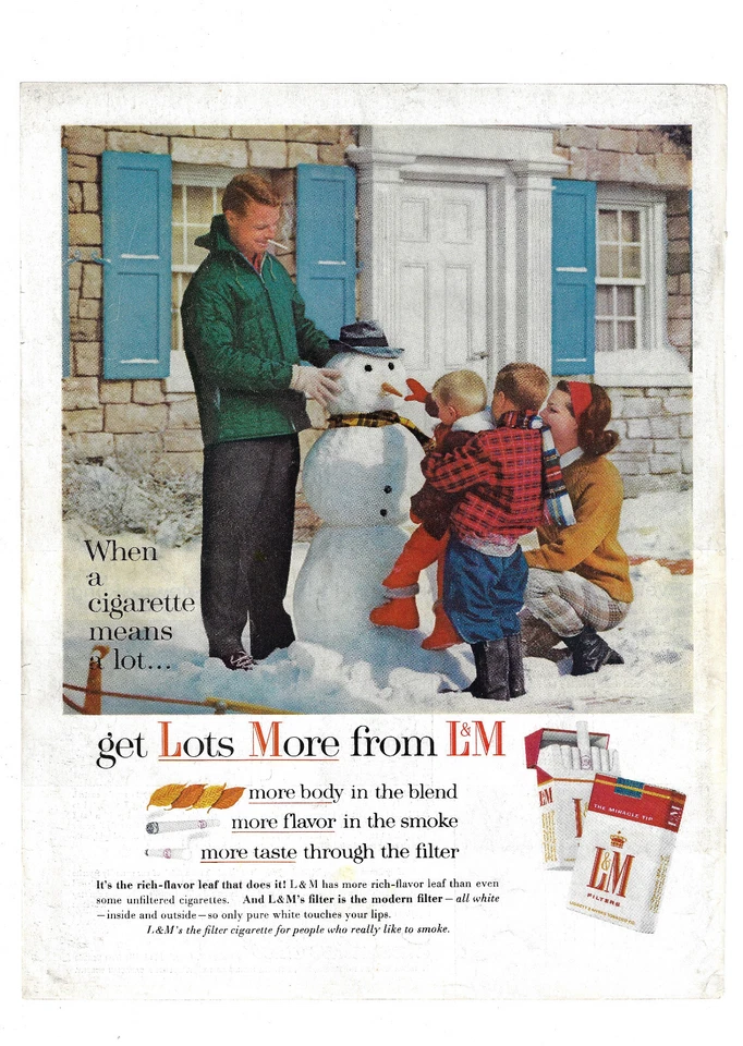 Anuncio de cigarrillos L&M vintage años 60 invierno decoración familiar muñeco de nieve arte de pared 1963 Foto 1 de 1