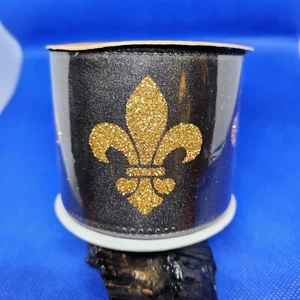 Premium Glitter Gold Fleur De Lis On Black Wired Ribbon 2½in X 18ft - Picture 1 of 3