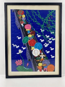 Asian Chinese Folk Art Gouache Bridge Crossing Painting Stamped Signed Framed - Picture 1 of 6