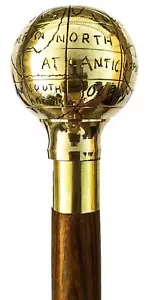 Wooden Walking Stick With Globe Brass Handle For Men Women Old Seniors Gift Item - Picture 1 of 3