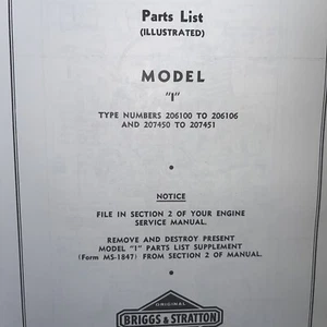 Vintage Briggs Stratton Illustrated Parts List Models I 206100-207451 - Picture 1 of 2