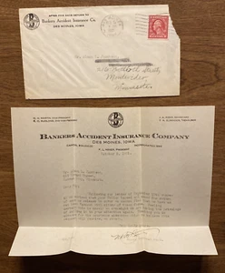 Bankers Accident Insurance Company 1921 Carta con Sobre Des Moines Iowa IA A9 - Imagen 1 de 12