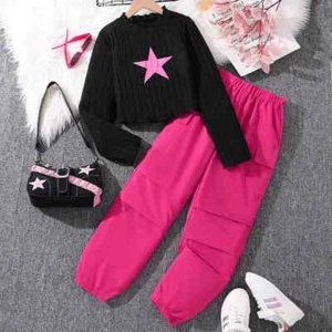 Girls Black Pullover Hoodie and Pants Sports Loose Comfortable Style Daily Suits - Picture 1 of 11