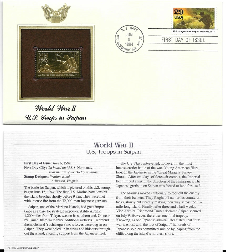 World War II-US Troops in Saipan--1st day issue-Golden Replica - Image 1 of 1