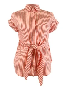 Lauren Ralph Lauren Women's Plus Striped Tie Front Linen Shirt (2X, Red/White) - Picture 1 of 3