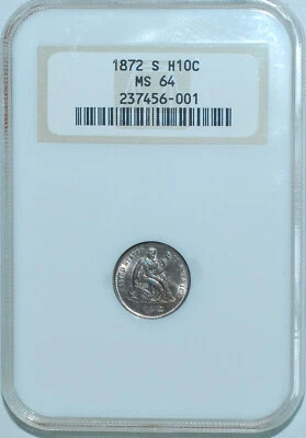 1872 S NGC MS64 Mint Mark Below Bow Liberty Seated Half Dime - Image 1 of 2