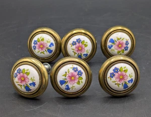 Set of 6 Vintage Porcelain and Brass Knobs Floral Flowers Drawer Cabinet Door - Picture 1 of 6