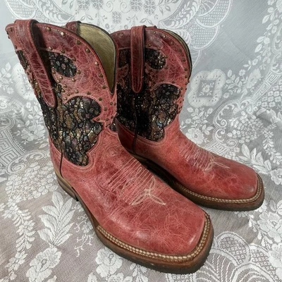 Botas vaqueras Ferrini para mujer talla 10 de cuero rojo con incrustaciones brillantes punta cuadrada Foto 1 de 4