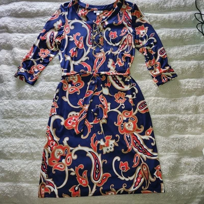   Charter Club Paisley Dress M Navy Coral Gold Chain Detail  Career Office  - Image 1 of 4