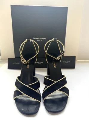 Sandalias Saint Laurent YSL Tacón Bloque Correa al Tobillo Herrajes Tono Dorado, Talla 39.5 Foto 1 de 4
