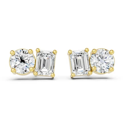 14K Toi et Moi Emerald & Round Lab Grown Diamond Stud Earring EF VS IGI - Image 1 of 4