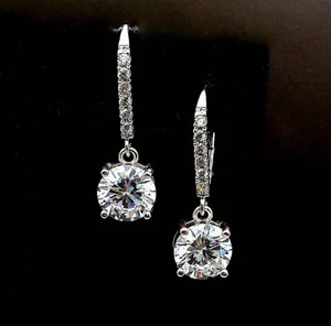 4 CTW Round Cut Moissanite Women's Party Wear Drop Earring 14K White Gold Plated - Picture 1 of 6