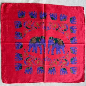 VTG Handkerchief Red Silk Purple Elephant Style Thai Pattern Kerchief Scarf 18" - Picture 1 of 3