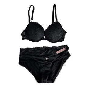 Victoria’s Secret Black Lace Push Up Bra Hipster Panties Set Women’s 32B Small - Picture 1 of 11