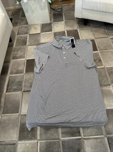 J Crew Performance Polo Shirt Short Sleeve Men’s Large Black White Striped Golf - Picture 1 of 5