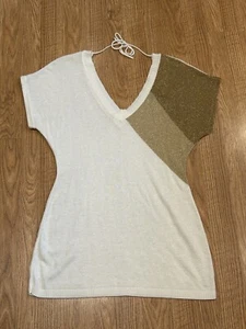 Dots Womens Medium Short Sleeve V-Neck Tunic Sweater Ivory Gold Metallic Light - Picture 1 of 13