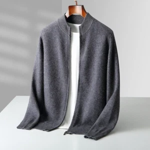 Autumn Winter New Wool Knitted Stand Collar Cardigan Men Long Sleeve Coat - Picture 1 of 21