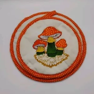 Vtg 70s Mushrooms Potholder & Hot Pad Orange Set Of 2 Round Retro Kitchen Decor - Picture 1 of 18