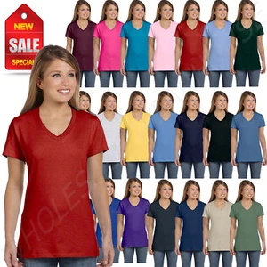 Hanes Womens T-Shirt 100% Cotton 4.5 oz Short Sleeve V-Neck nano Tee S04V - Picture 1 of 76