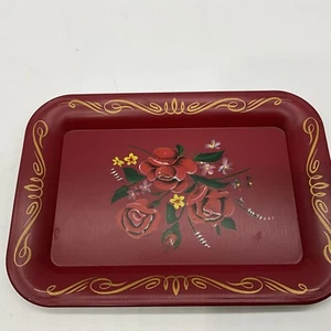 VTG Small Red Tole Ware Tray With Floral Design 6 5/8” X 4 5/8” - Picture 1 of 5