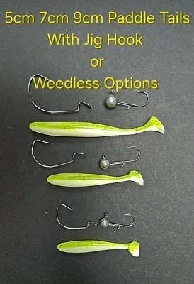 Yellow x 10 Shad Paddle Tail Soft Lures 5cm 7cm 9cm  Hook Weedless or Jig Head - Image 1 of 4