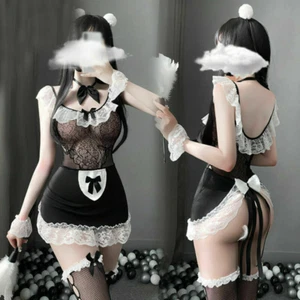 Costume cosplay donna sexy lingerie esotica nero pizzo damigella dess uniforme calza - Foto 1 di 8