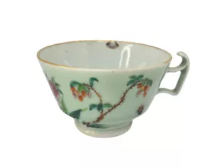 19C Lg Chinese Celadon Famille Rose Bird Fruit Flower Butterfly Tea Cup Canton - Picture 1 of 18