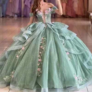 Mint Green Quinceanera Dresses Ball Gown Off Shoulder Appliques Lace 3D Flowers - Picture 1 of 6