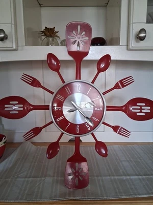 Adorable 20" Red Untensil Kitchen Clock-Spoons-Forks-Spatulas-AA Battery - Image 1 of 4