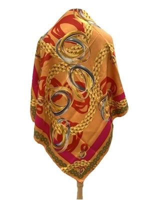 Y2#Must de Cartier Paris Silk Scarf Chain & Ring Print Orange Pink VTG Disigner - Image 1 of 4